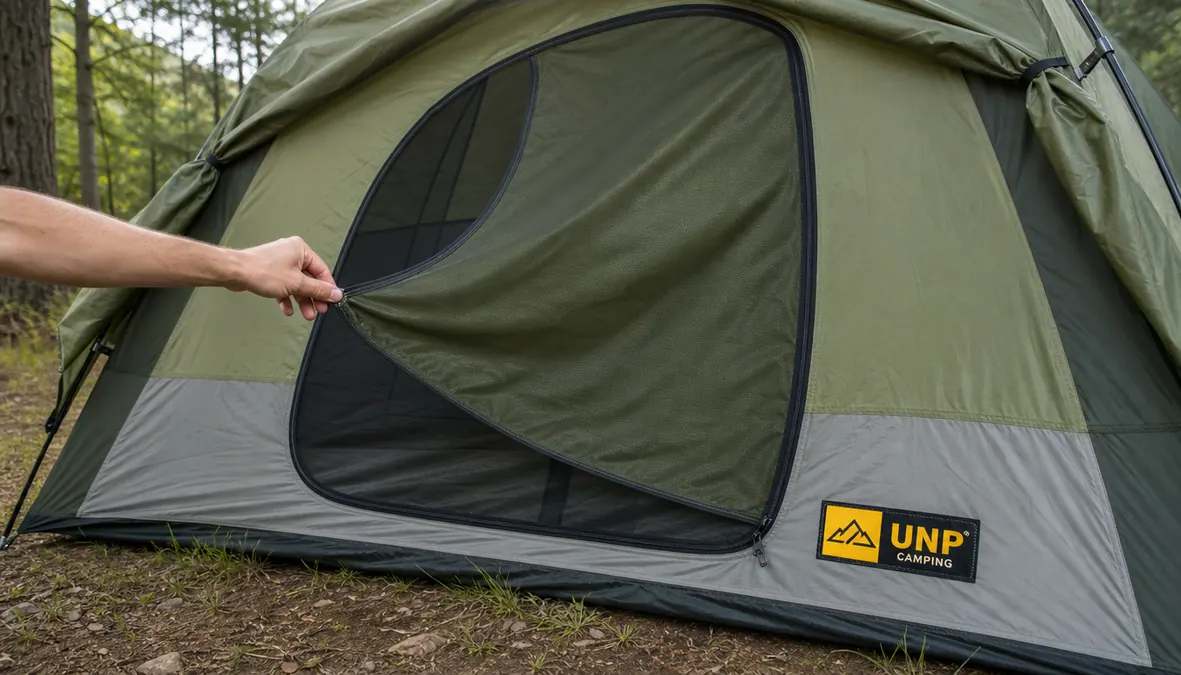 Hand unzipping the large front door panel of the UNP cabin tent, showing the wide door opening and mesh screen