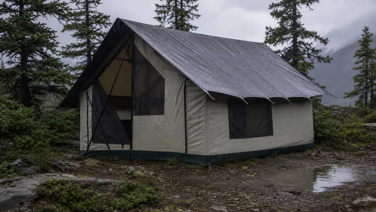 Rain running off the steep rainfly of a cabin tent while the interior stays dry, campsite in a light downpour