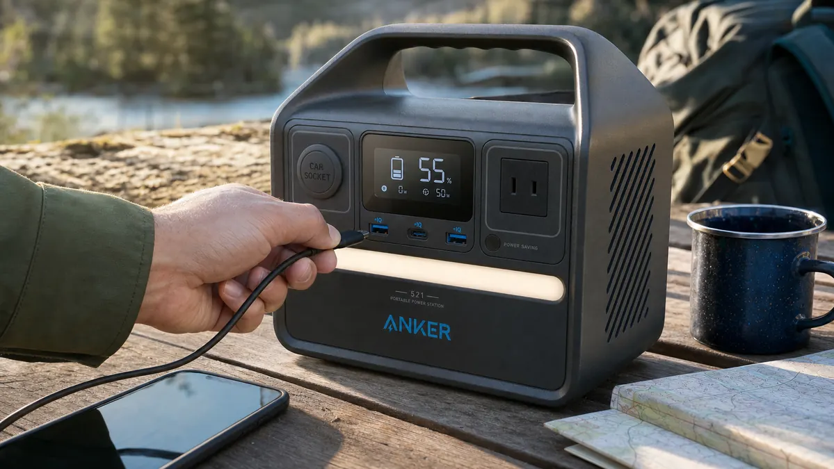 Hand plugging a phone charging cable into the Anker 521 portable power station's front port panel at a campsite picnic table.
