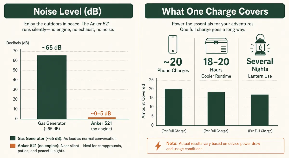 Two-panel infographic comparing gas generator noise level to a portable power station's silent operation, plus a chart showing what one full charge covers.