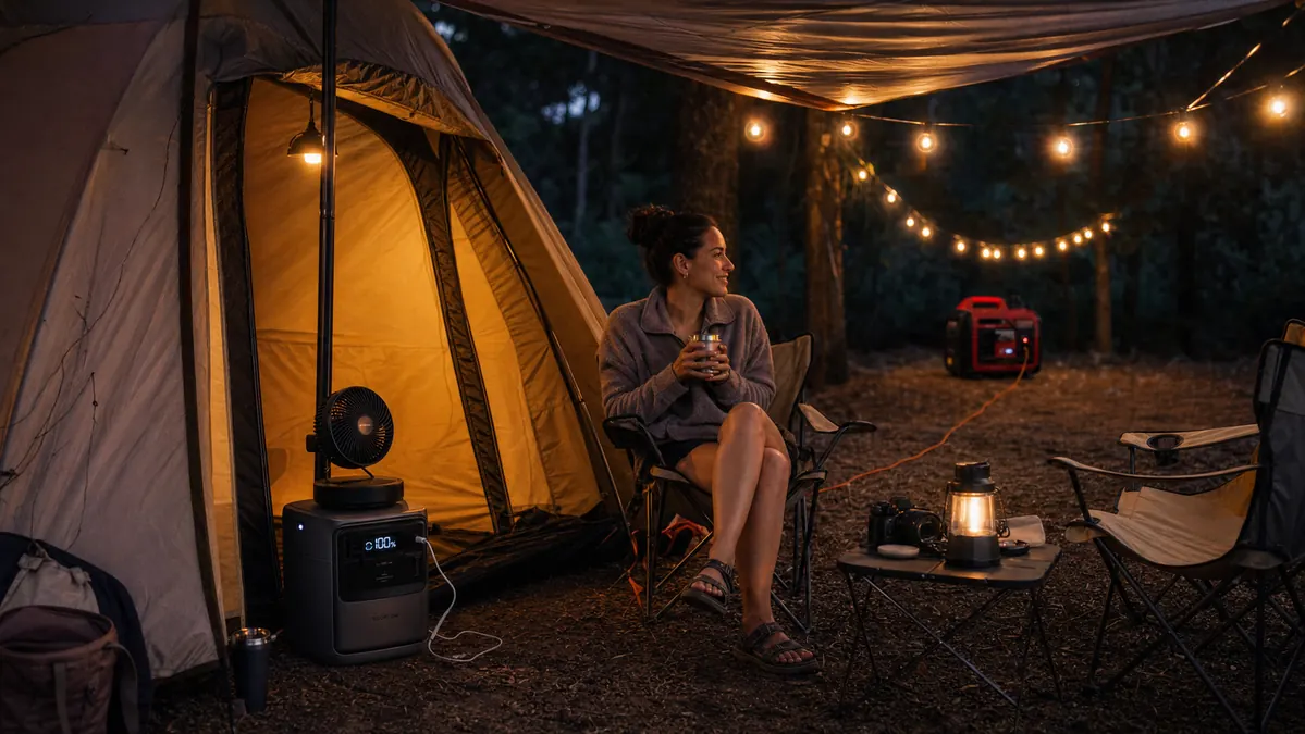 Portable power station tucked just inside a tent vestibule at night, string lights and a small fan plugged in, no extension cord running off to a distant generator.