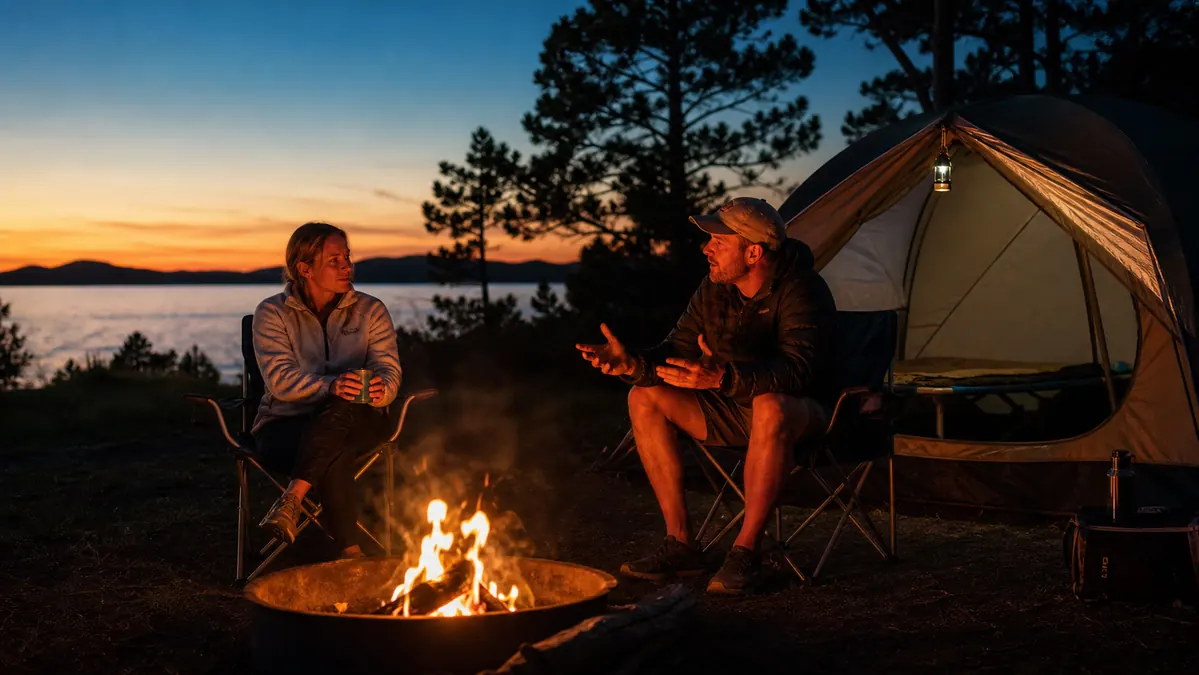 A family campsite in the evening with camp chairs around a fire and a cot visible through the tent doorway