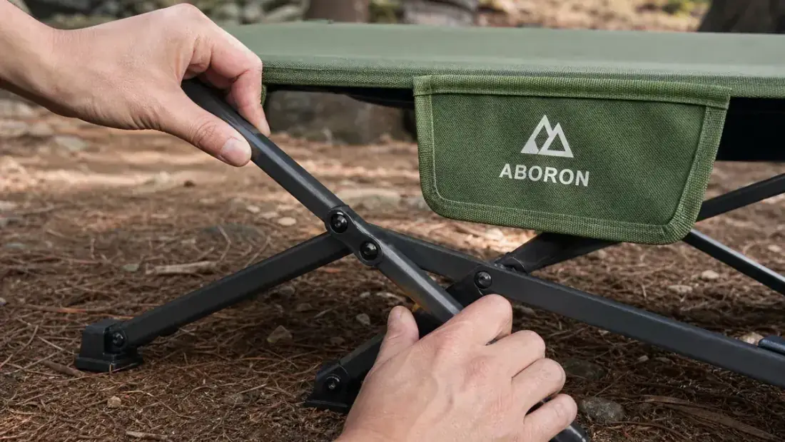 Close-up of hands near the crossed steel hinge of the camping cot frame while folding it down