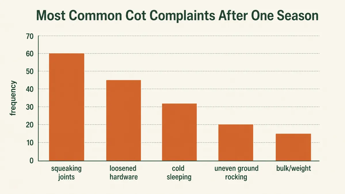 Bar chart comparing common camping cot complaints by how often they showed up over a season of use