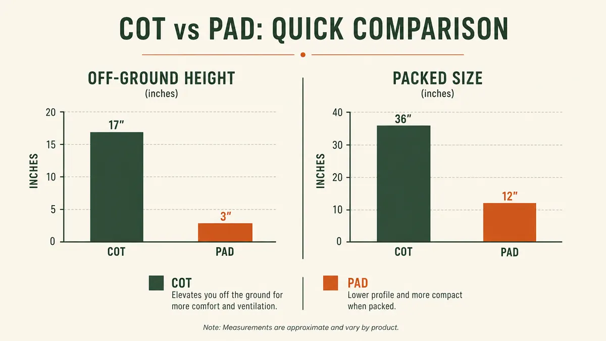Chart comparing off-ground height and packed size of a camping cot versus a sleeping pad