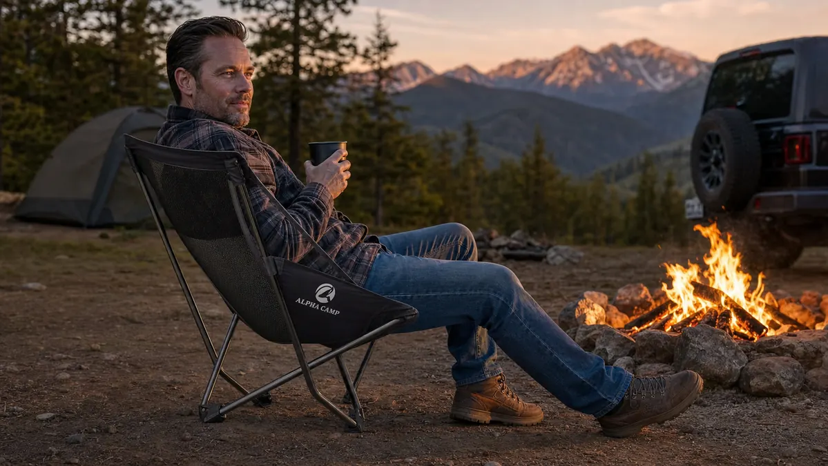 A man relaxing in an ALPHA CAMP heavy duty folding chair by a campfire holding a coffee mug