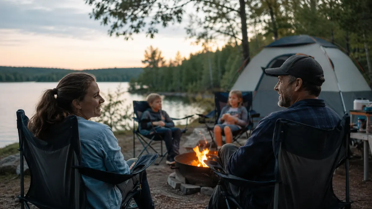 A family gathered in camp chairs around a fire at a lakeside campground