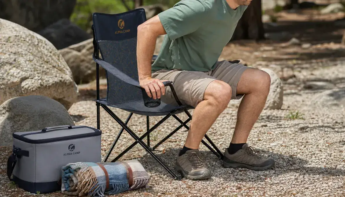 A man's hand gripping the armrest of the ALPHA CAMP chair while lowering himself into it next to a cooler