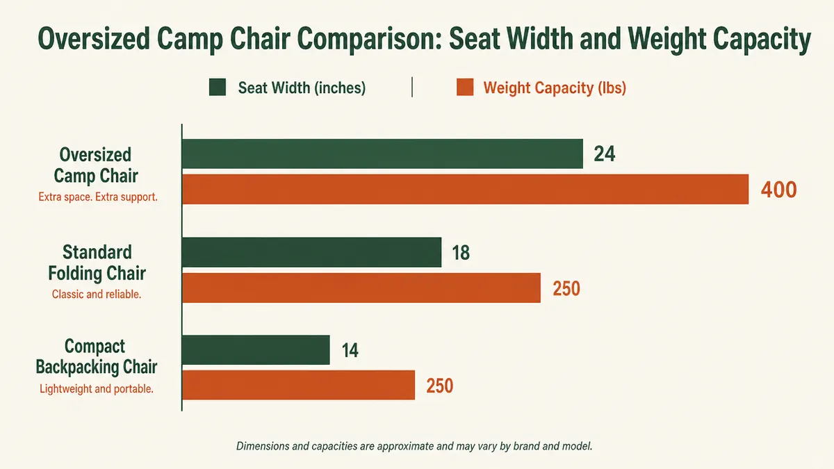 Chart comparing seat width, weight capacity, and packed weight of the ALPHA CAMP chair against two other common camp chairs