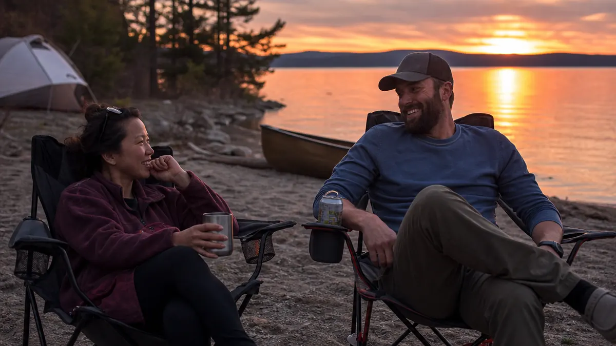 Two people sitting in matching oversized camp chairs by a lake at sunset with drinks in the armrest cup holders