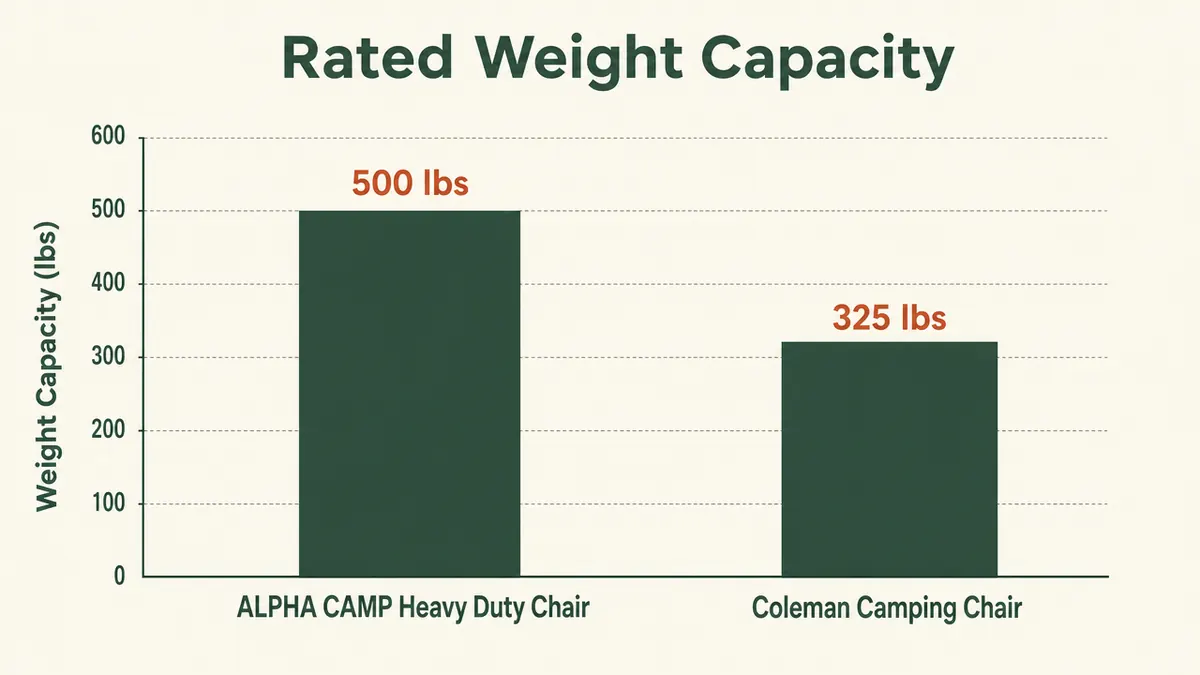Bar chart comparing rated weight capacity between the ALPHA CAMP chair and a Coleman camping chair