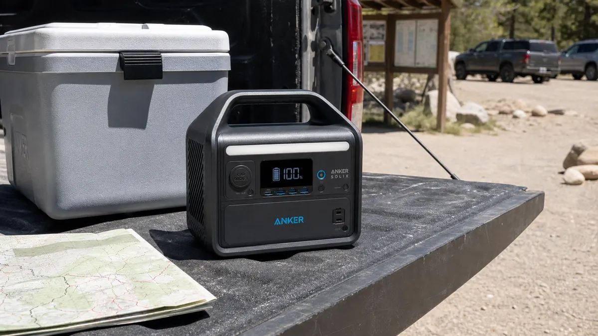 Power station sitting on the truck tailgate next to a cooler and a folded map at a trailhead pullout