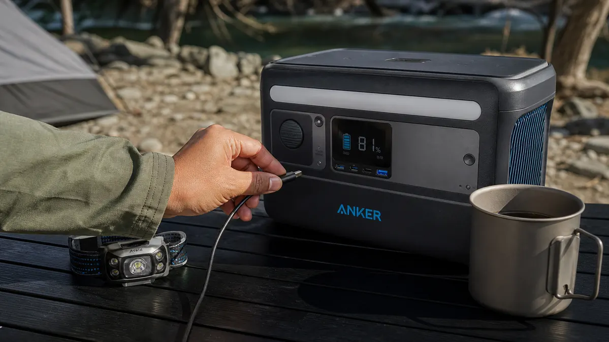 Hand plugging a phone charging cable into the front port of the Anker 521 power station