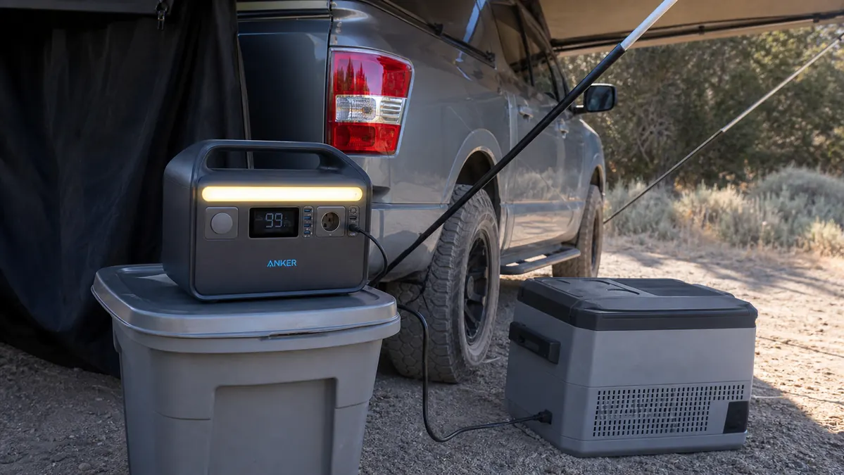 Anker 521 power station running a 12V cooler under the awning of a truck bed camper setup