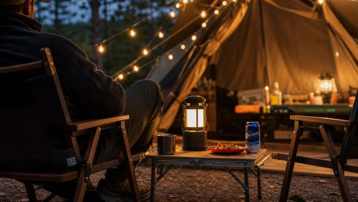 Two campers reading by lantern light powered from a small power station on the ground beside their chairs