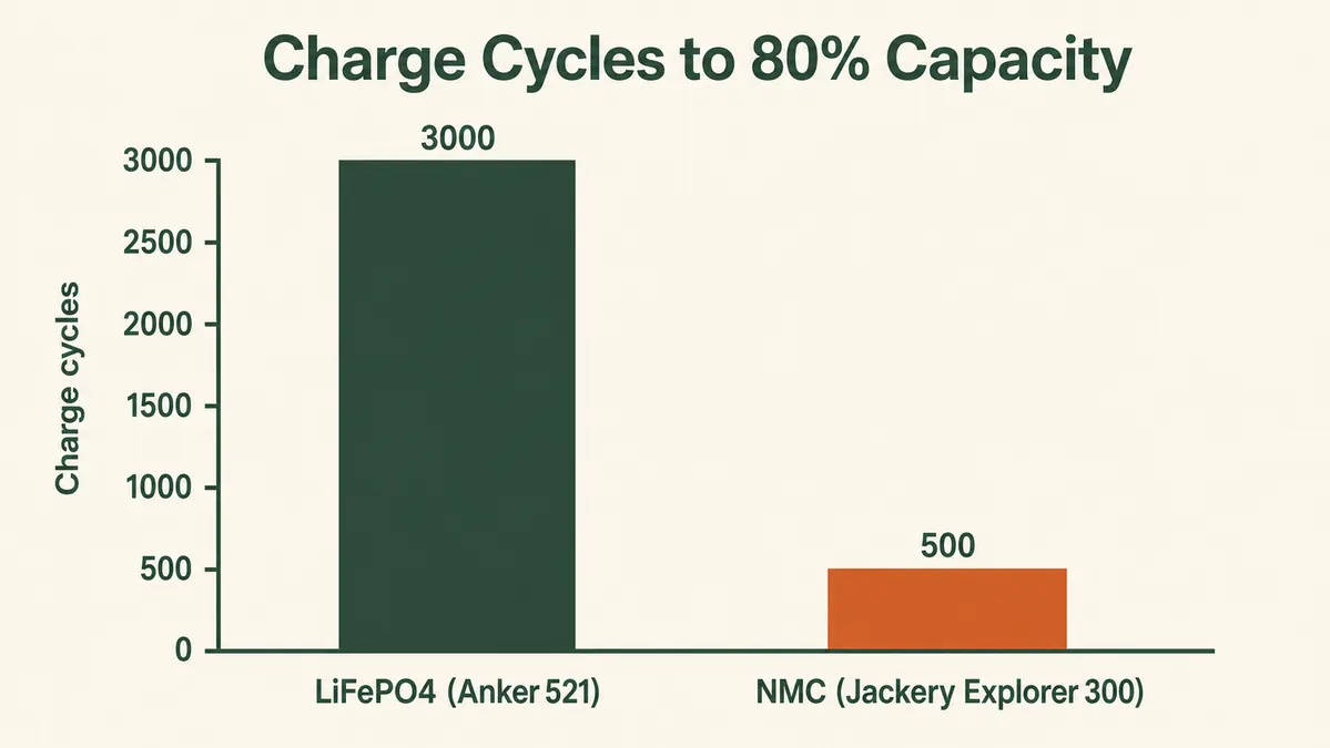 Bar chart comparing rated charge cycles to 80 percent capacity for LiFePO4 versus NMC battery chemistry