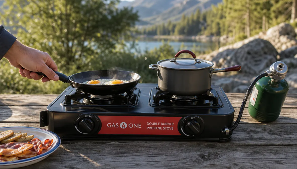 Hands cooking eggs and bacon in a skillet on one burner while a pot of coffee heats on the other burner of the Gas One double burner stove