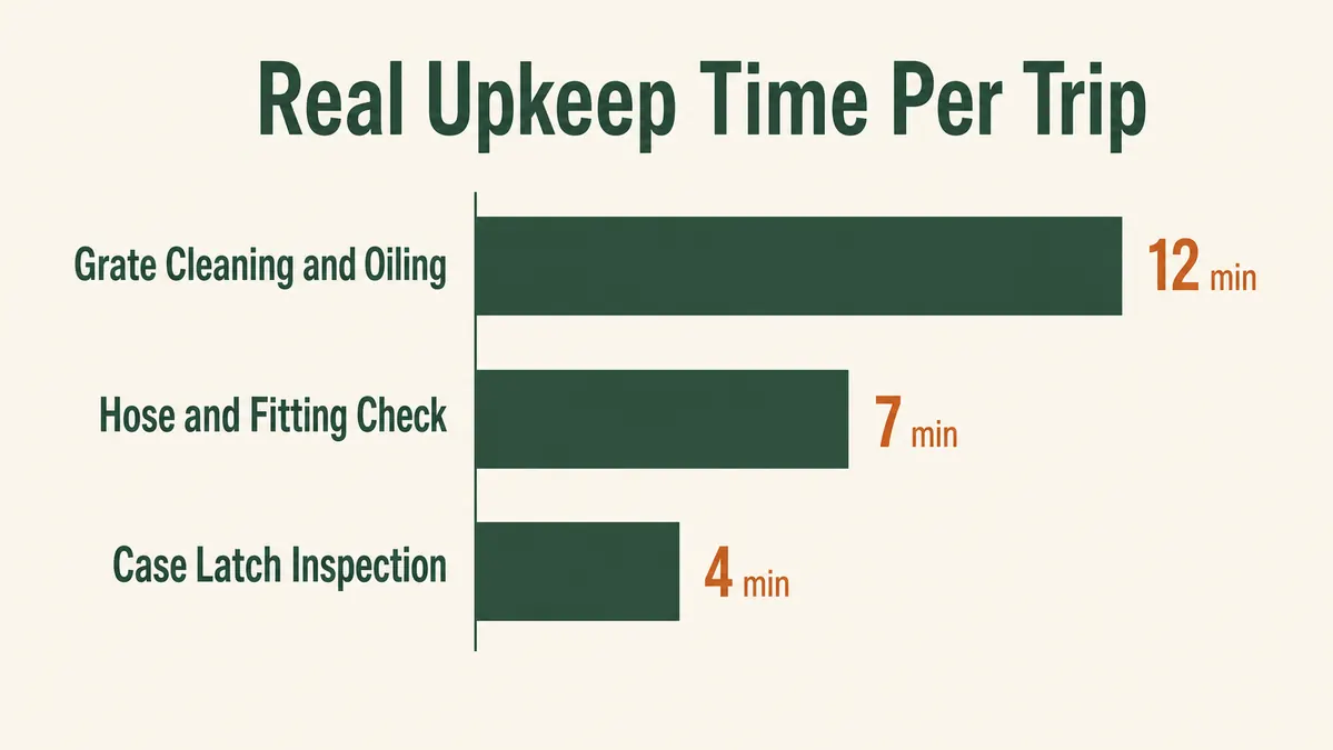 Chart showing minutes spent on stove upkeep per trip across grate care, hose and fitting check, and latch inspection