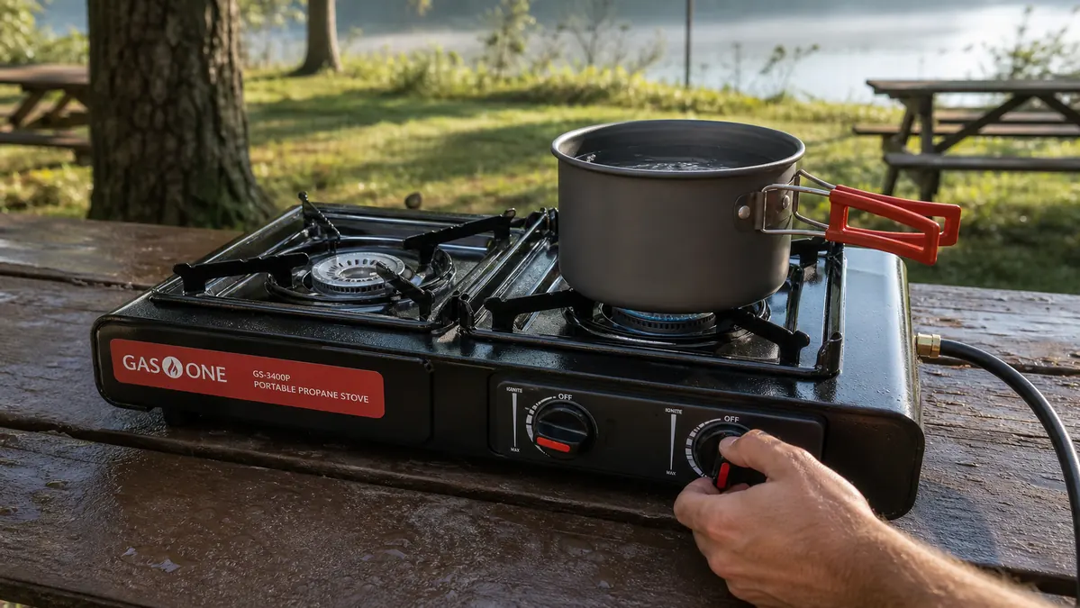 A hand adjusting the burner control knob on the Gas One stove while a pot of water heats on the other burner
