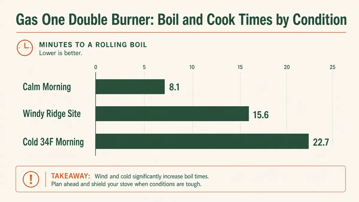 Chart comparing time to boil water and cook a full breakfast on the Gas One stove across cold, calm, and windy campsite conditions