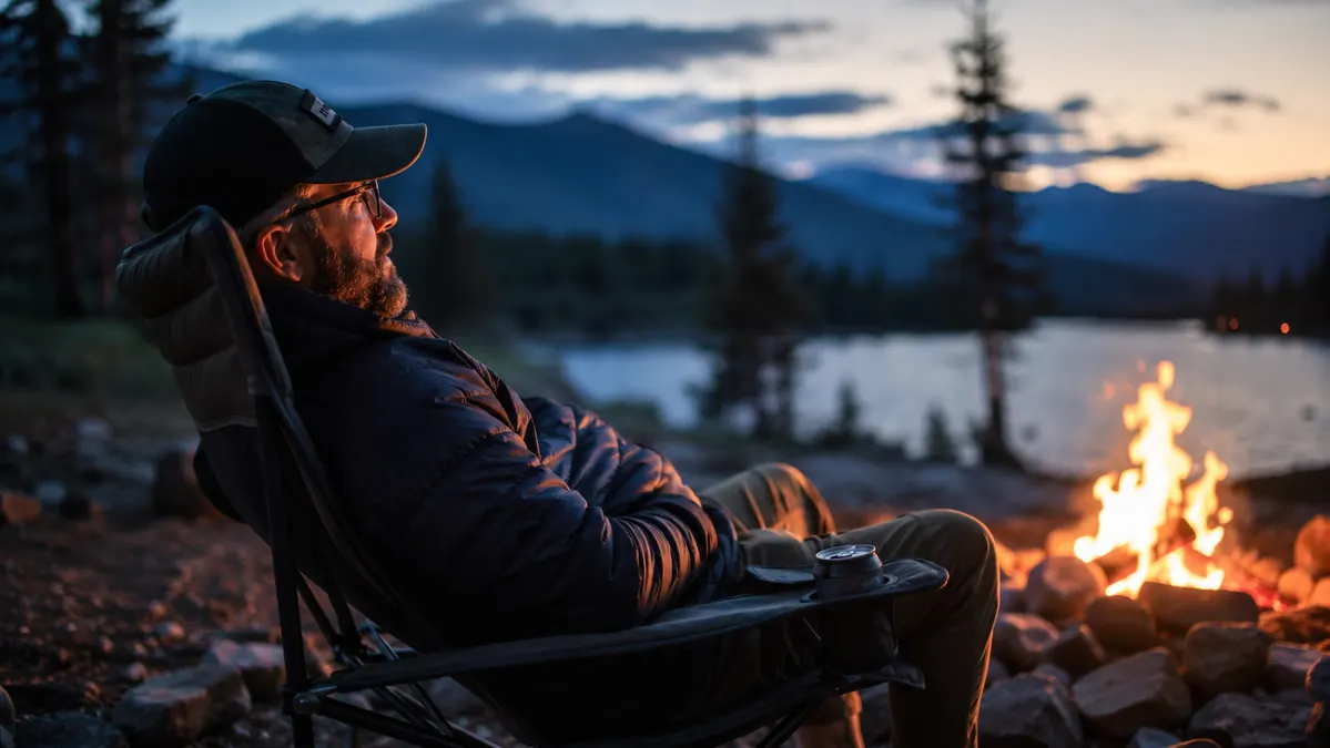 A person reclined comfortably against the tall padded back of a camp chair by a fire ring in the evening