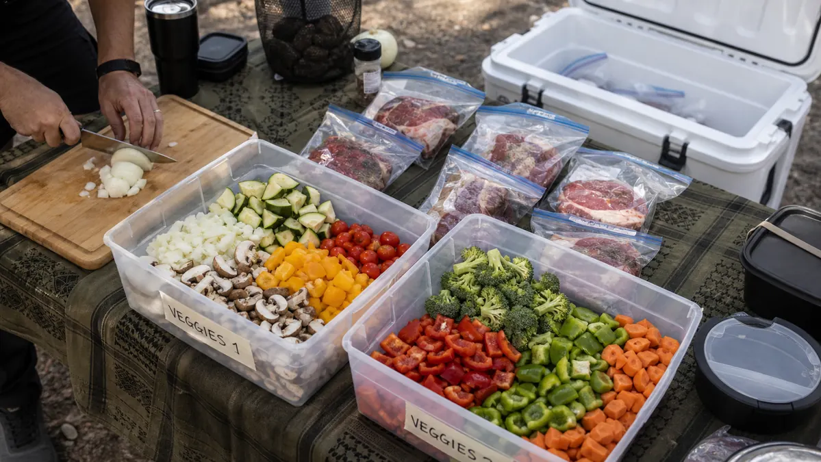 Two plastic bins labeled with prepped, pre-chopped camp meal ingredients sitting next to a cooler and a camp stove