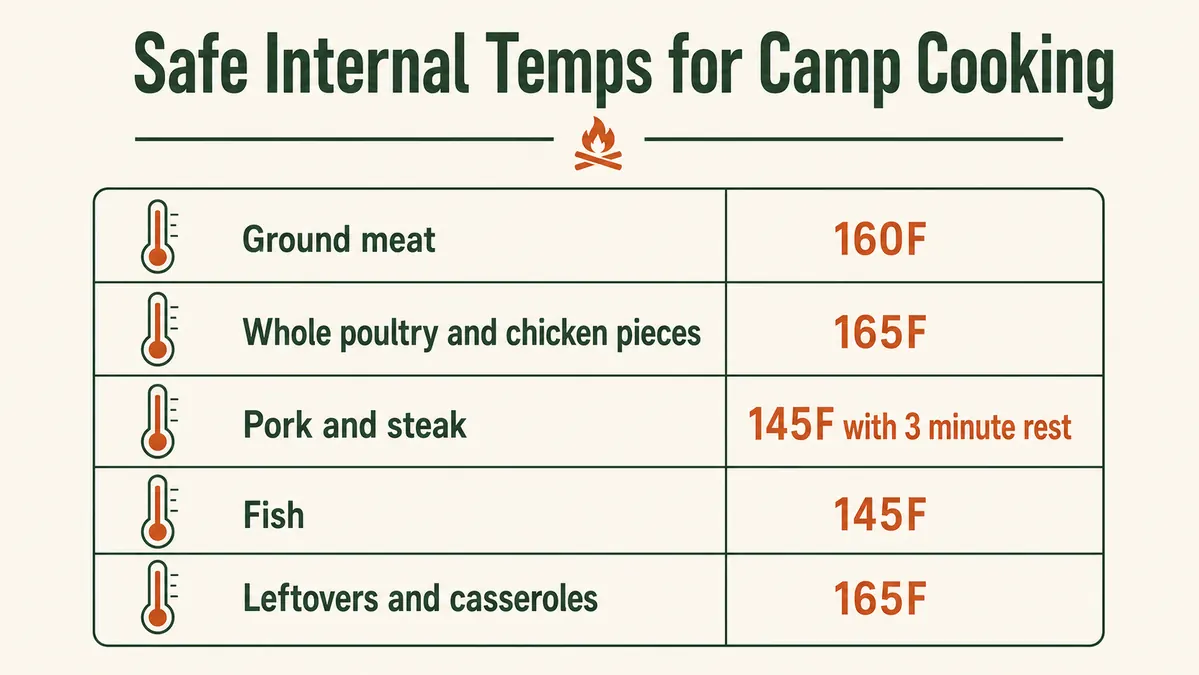 Chart showing recommended internal cooking temperatures for common camp meal proteins