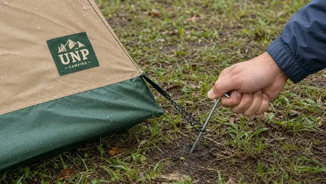 Hands staking down a tent's rainfly guy line at an angle into wet ground