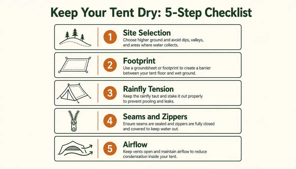 Diagram-style chart showing five steps to keep a tent dry in rain, from site selection to airflow management