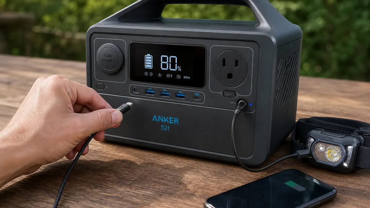 Hand plugging a USB-C cable into a gray and orange Anker 521 power station on a picnic table with a headlamp charging beside it