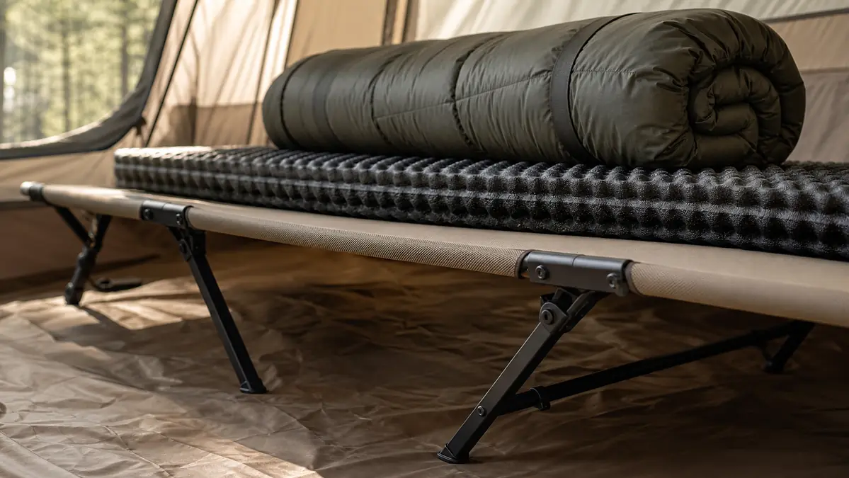 Foam sleeping pad and sleeping bag layered on top of an oversized folding camping cot, showing the gap of open air underneath the cot legs