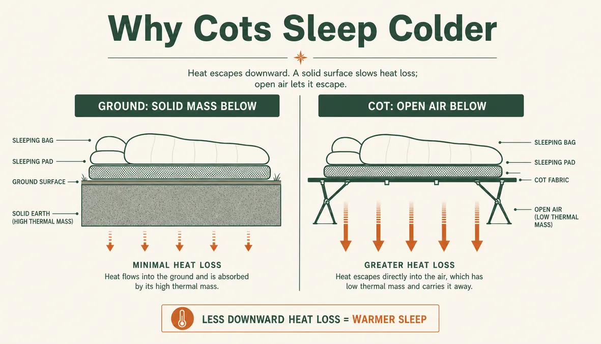 Diagram-style chart comparing heat loss on bare ground versus an elevated camping cot with an insulation stack