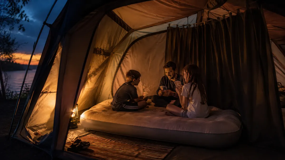 Family sitting inside a cabin tent with the room divider curtain half drawn, playing cards on an air mattress