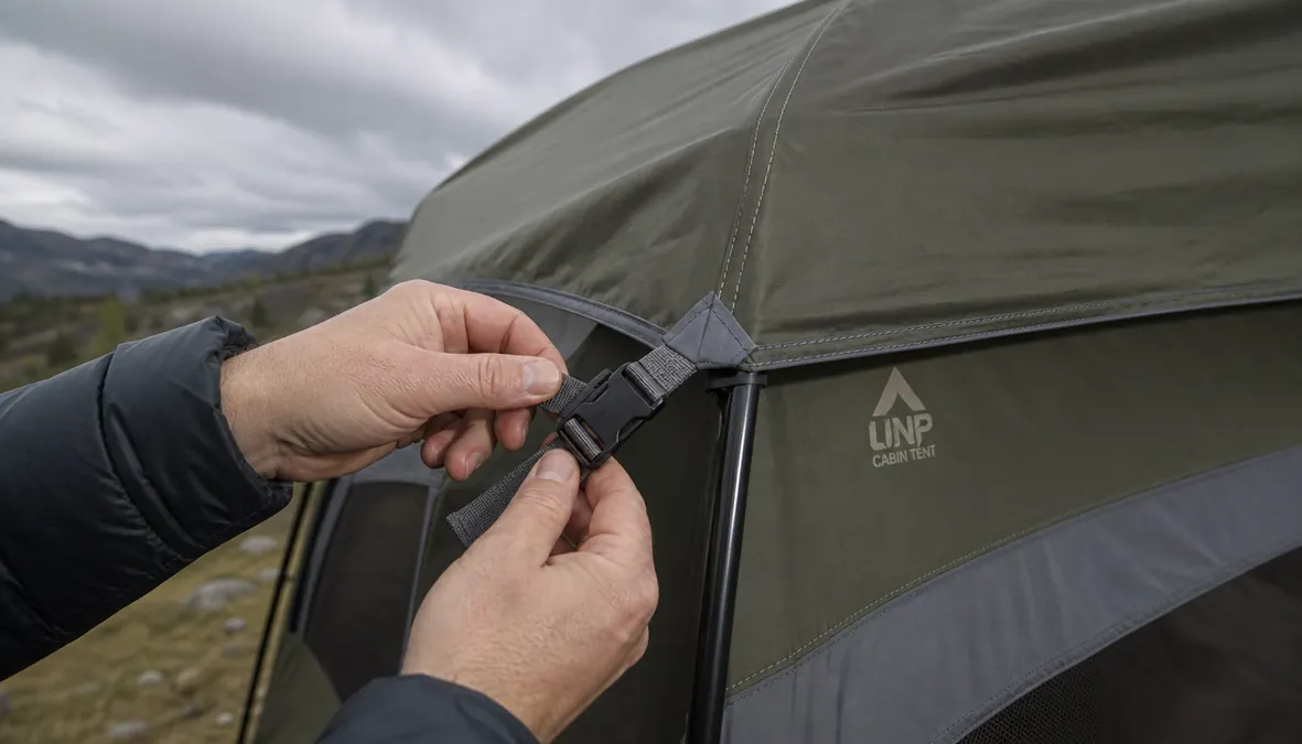 Close-up of hands clipping the rainfly buckle onto the corner pole of the cabin tent